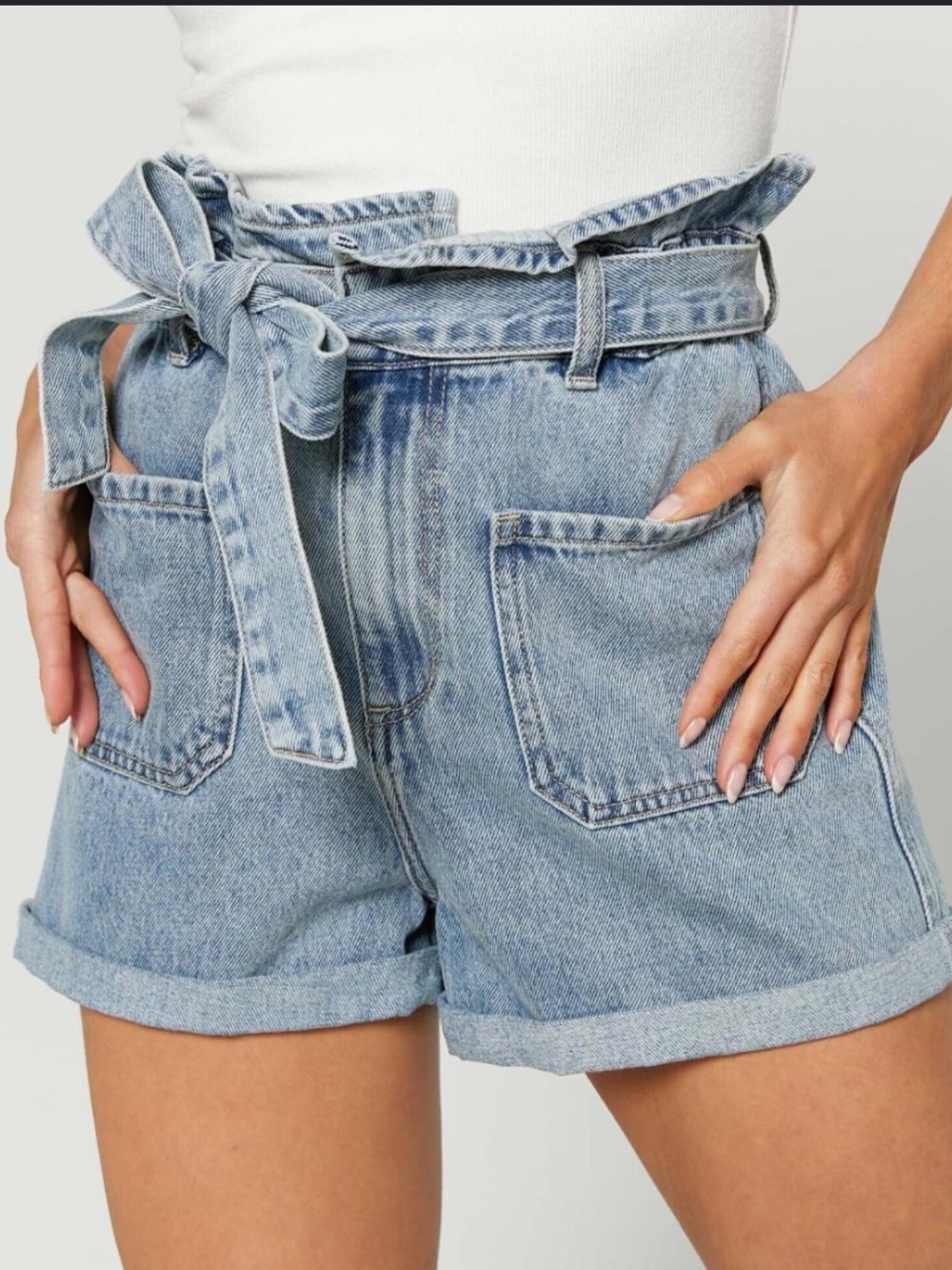 Zara Light Blue Paperbag Waist Denim Shorts with Belt